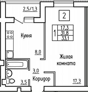 1-к квартира, 31.8 м², 1/5 эт.