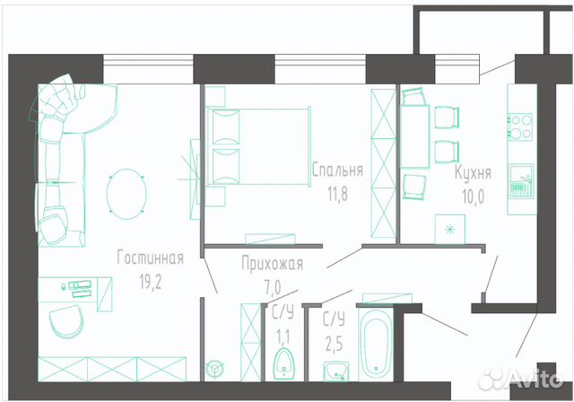 2-к квартира, 55 м², 2/6 эт.