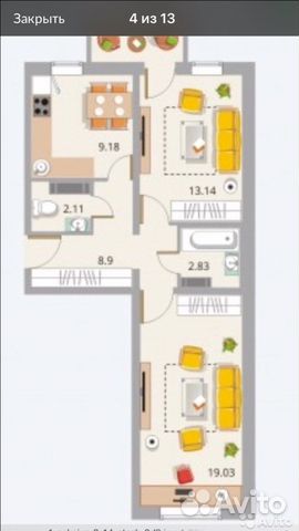 2-к квартира, 59 м², 4/14 эт.