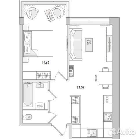 1-к квартира, 46.3 м², 2/4 эт.