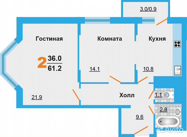 2-к квартира, 61.2 м², 9/17 эт.