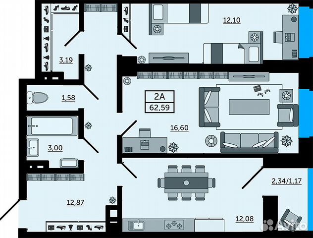 2-к квартира, 62.9 м², 6/24 эт. 2-к квартира, 62.9 м², 6/24 эт.