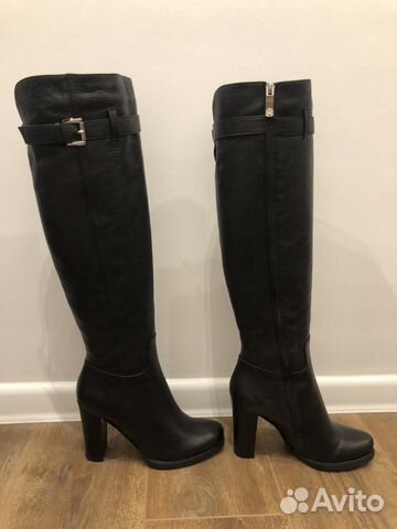 Сапоги зимние кожаные чёрные на каблуке