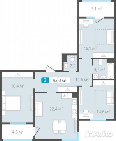 3-к квартира, 93 м², 2/4 эт. 3-к квартира, 93 м², 2/4 эт.