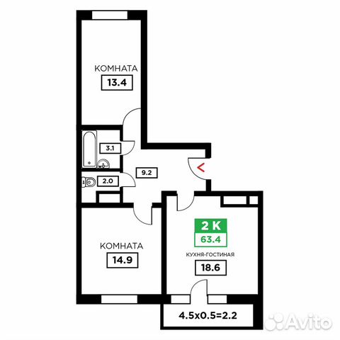 2-к квартира, 63.4 м², 19/24 эт.