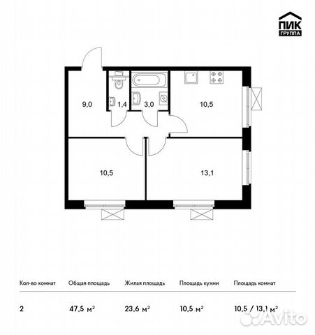 2-к квартира, 47.5 м², 19/25 эт.