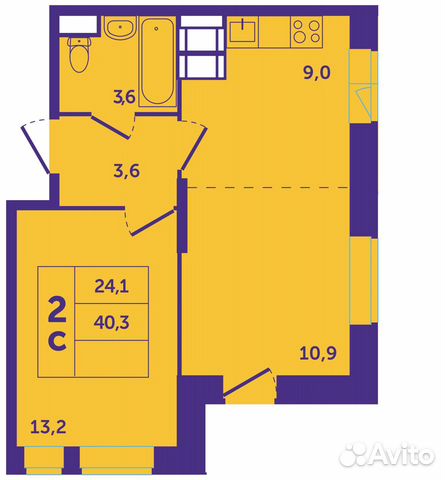 2-к квартира, 41.1 м², 2/25 эт.