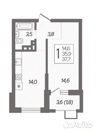 1-к квартира, 37.8 м², 7/19 эт. 1-к квартира, 37.8 м², 7/19 эт.