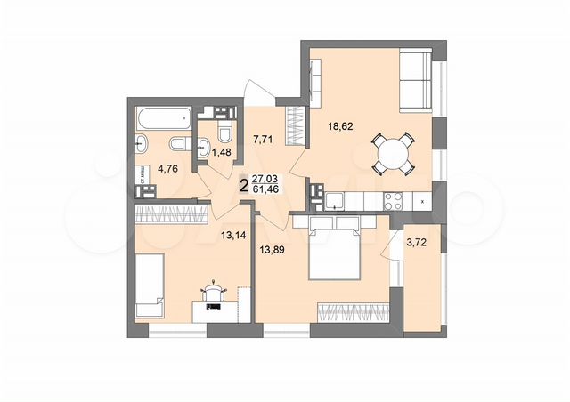 2-к. квартира, 61,1 м², 16/26 эт.