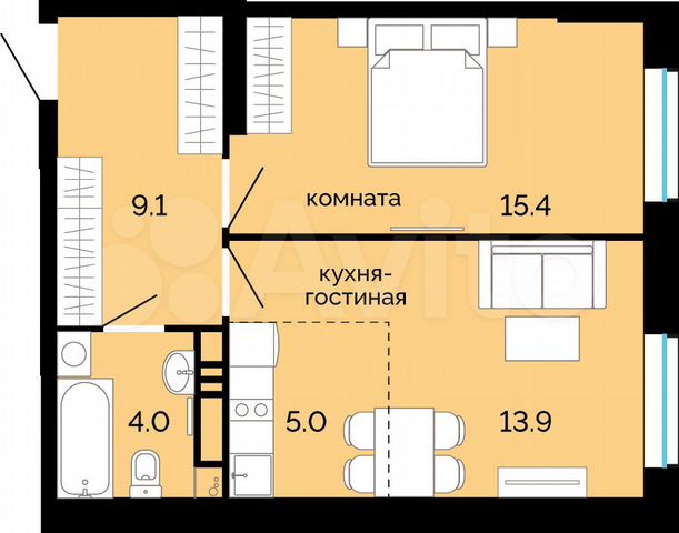 2-к. квартира, 47,4 м², 15/25 эт.