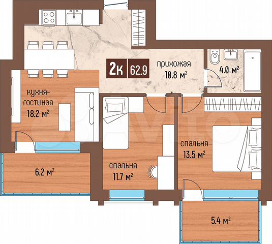2-к. квартира, 62,9 м², 5/5 эт.