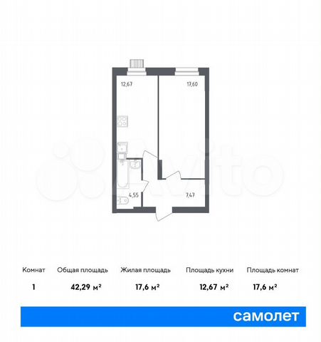 1-к. квартира, 42,3 м², 1/12 эт.