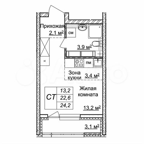 Квартира-студия, 24,2 м², 22/25 эт.