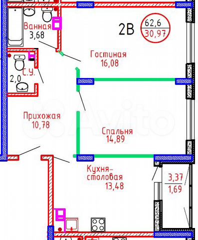 2-к. квартира, 62,6 м², 3/8 эт.