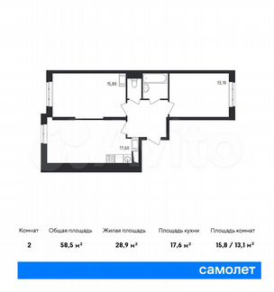 2-к квартира, 58.5 м², 15/19 эт.
