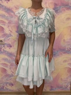 Голубое платье с кружевом one size