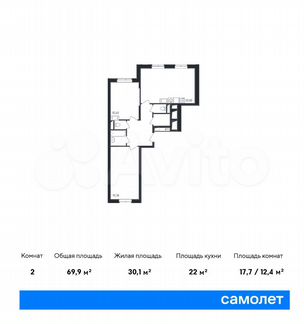 2-к квартира, 69.9 м², 4/22 эт.