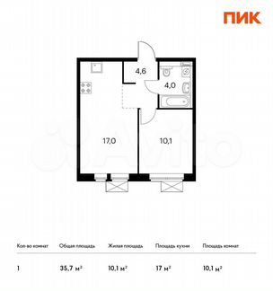 1-к квартира, 35.7 м², 15/17 эт.